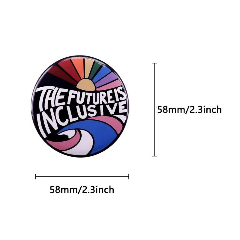Gay Skate round button badge with a vibrant sunburst and wave design, rainbow pride accents, and THE FUTURE IS INCLUSIVE text. Measures 58mm (2.3 inches) in width and height.