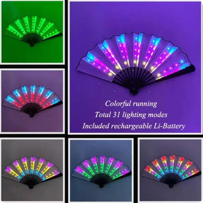 The My Cutesy Era black rechargeable LED fan displays vibrant patterns with 31 lighting modes and colorful running text. It includes a rechargeable Li-Battery, glowing in vivid colors against any background.