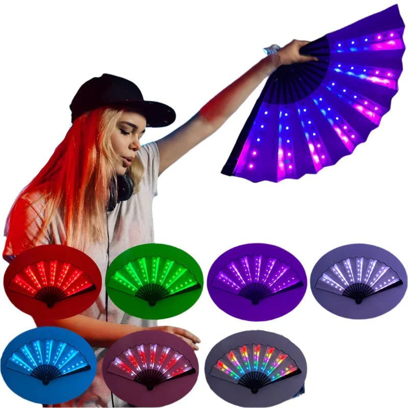 A young woman with long blonde hair and a black cap holds a large, rechargeable My Cutesy Era LED fan. Below her are six circles displaying the glowing fan in red, green, purple, blue, and multicolor options.