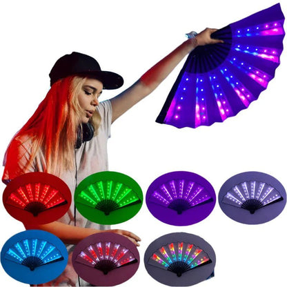 A young woman with long blonde hair and a black cap holds a large, rechargeable My Cutesy Era LED fan. Below her are six circles displaying the glowing fan in red, green, purple, blue, and multicolor options.