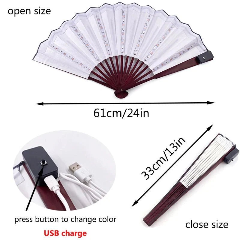 The My Cutesy Era rechargeable LED fan features a USB charging port, a color-changing button, and vibrant LED lights. It folds from 61cm (24in) open to 33cm (13in) closed, combining portability with style.