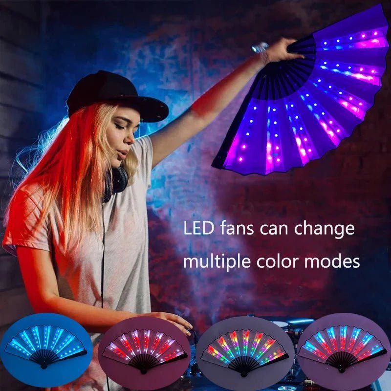 A woman with long blond hair holds a glowing My Cutesy Era rechargeable LED fan in purple and blue. Text reads: “My Cutesy Era fans feature multiple color modes.” Below, three smaller fans show blue, red, and multicolor lights.