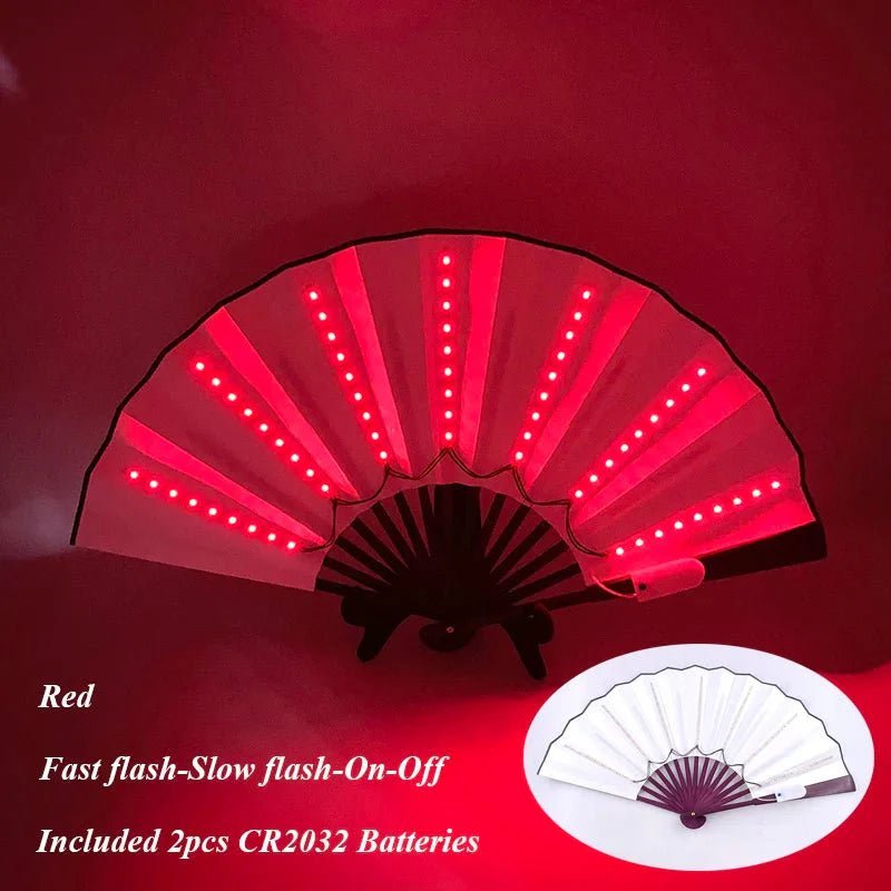 A My Cutesy Era red LED fan glows with rows of small lights against a red background. An inset shows the unlit fan, white with a black frame. Text below details flash modes and included batteries.
