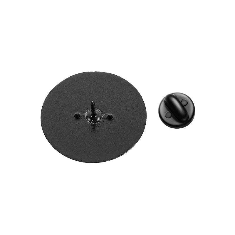 A black round metal base with a central threaded rod and two holes, next to a matching knob with handle, on white background. Perfect for displaying rainbow pride pins. 