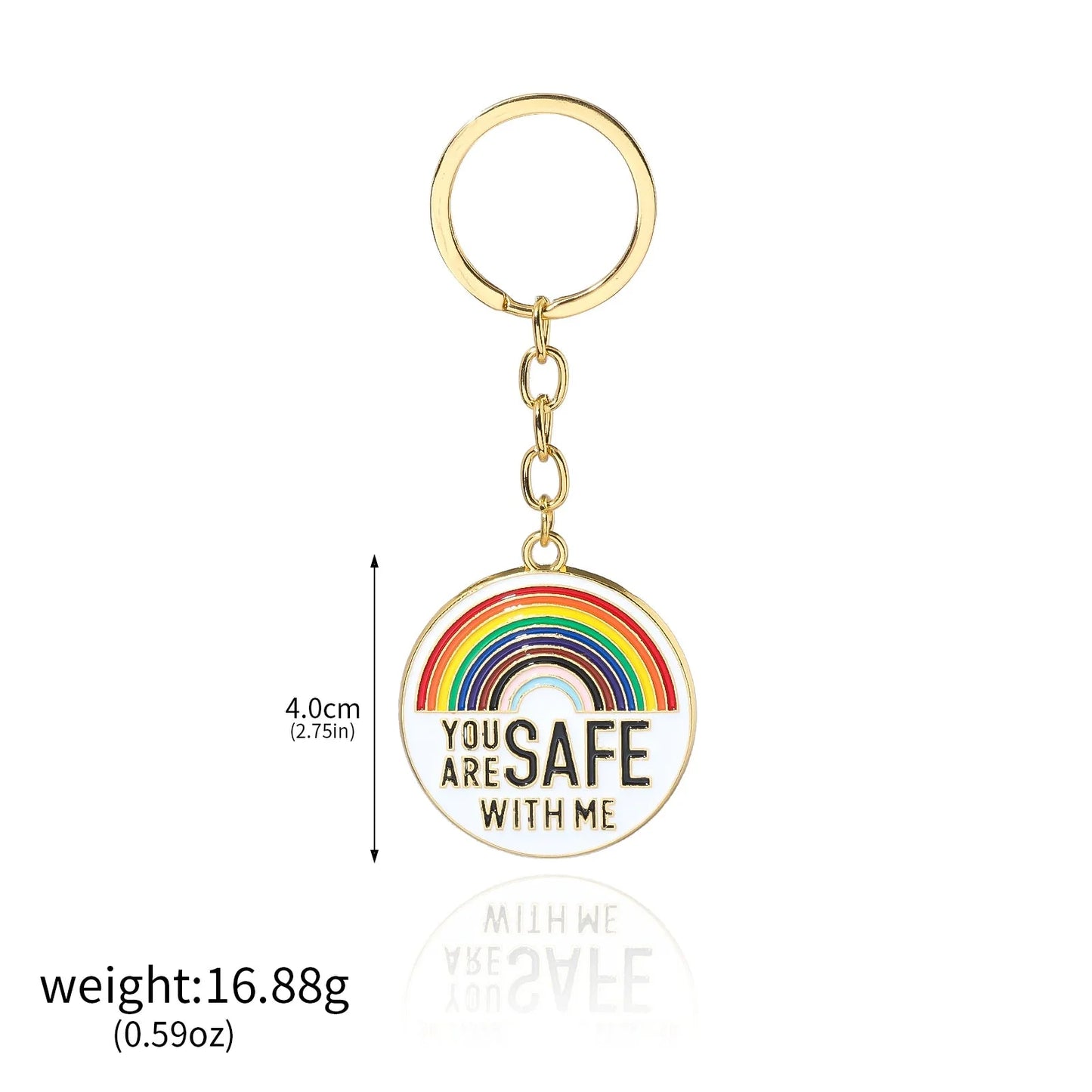 Gold keychain features a 4.0 cm round pendant with a rainbow design and YOU ARE SAFE WITH ME text, weighing 16.88g. Inspired by pride enamel badges. Worldwide shipping available.