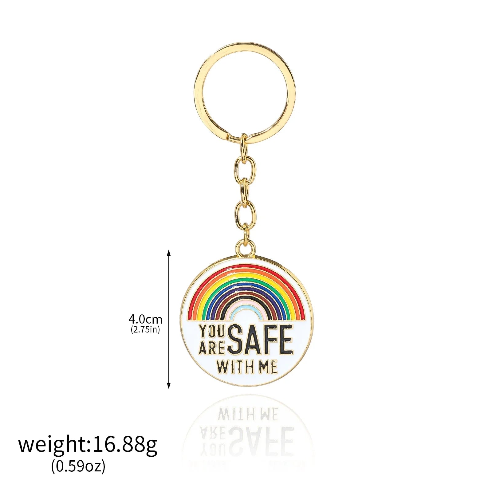 Gold keychain features a 4.0 cm round pendant with a rainbow design and YOU ARE SAFE WITH ME text, weighing 16.88g. Inspired by pride enamel badges. Worldwide shipping available.