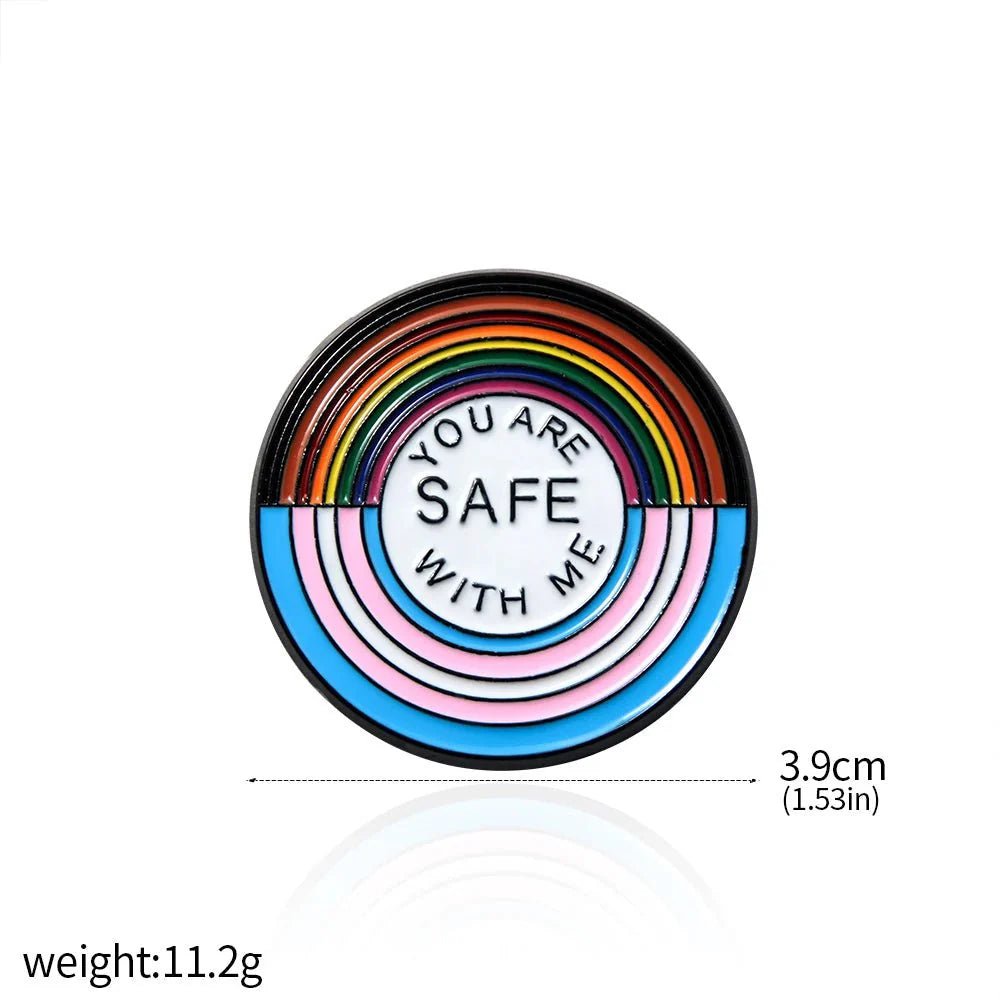 Round enamel badge features rainbow and trans flag colors with YOU ARE SAFE WITH ME in the center. Size: 3.9 cm (1.53 in), weight: 11.2g. Ships worldwide!.