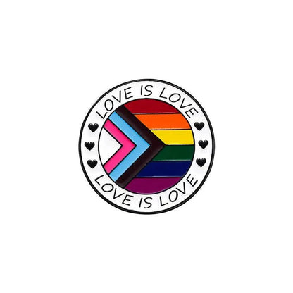 rainbow pride enamel pin features the Progress Pride flag at the center, LOVE IS LOVE written twice around the edge, and black heart accents. Show your support—worldwide shipping available!.