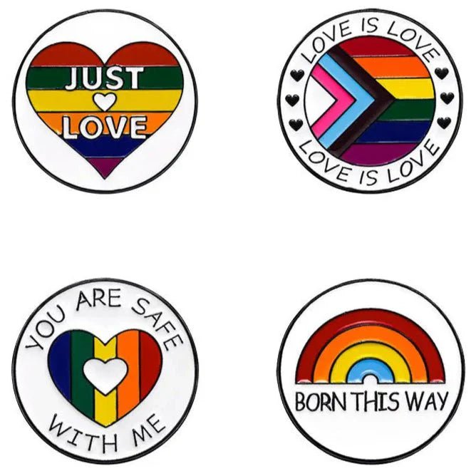 Show your pride with set of four round pins: a “Just Love” rainbow pin, “Love Is Love” around a progress flag, “You Are Safe With Me” on a rainbow heart, and “Born This Way”—plus worldwide shipping.